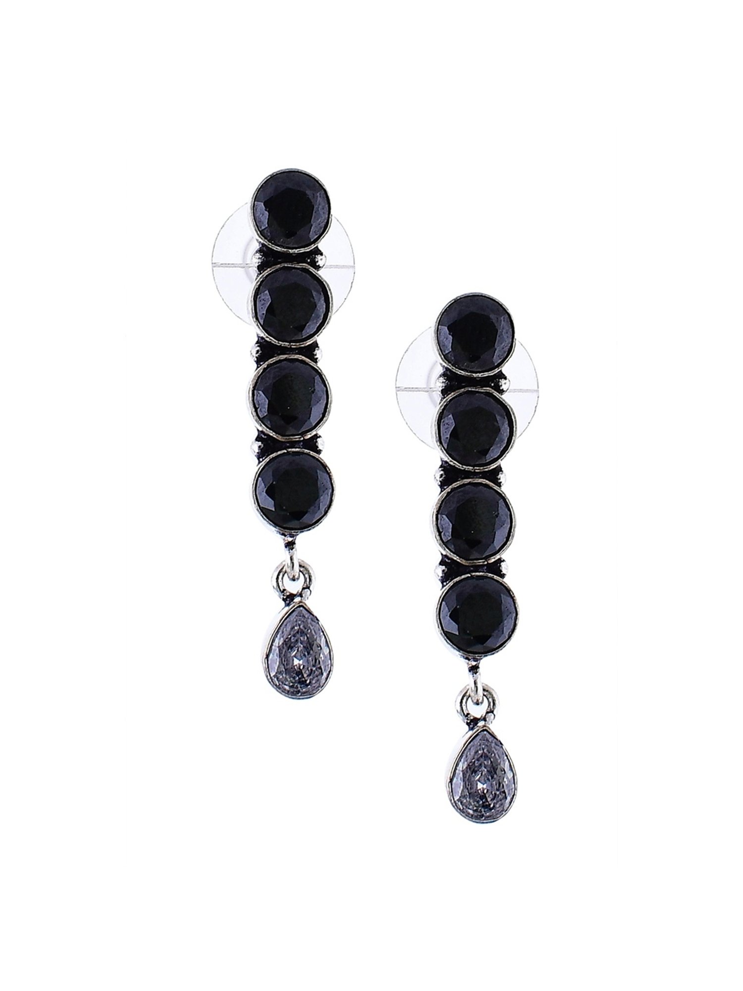 Imli Street Black Silver Tone Stone-Studded Handcrafted Dangler Earrings