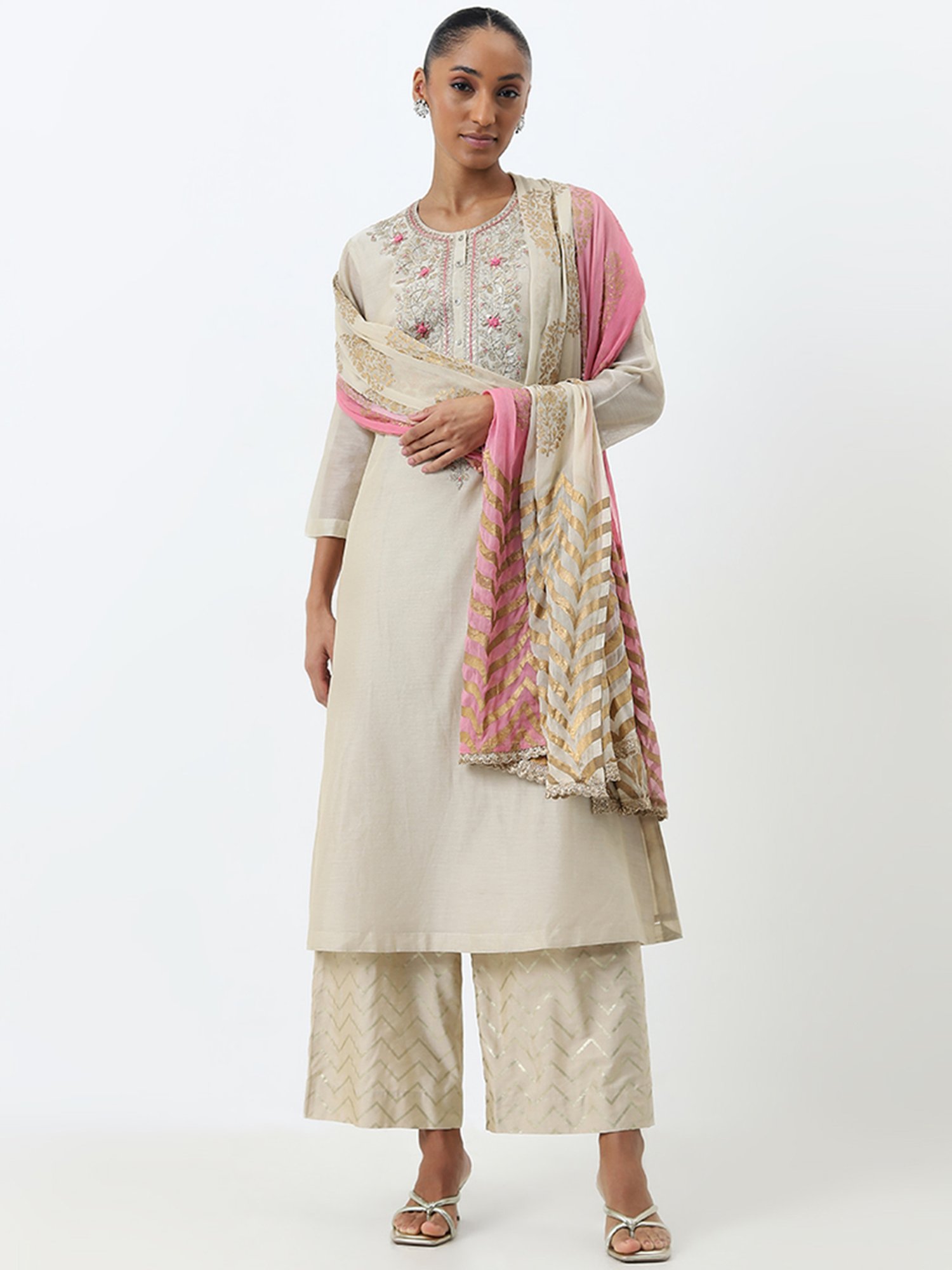 Vark by Westside Beige Embroidered Kurta, Palazzos and Dupatta Set