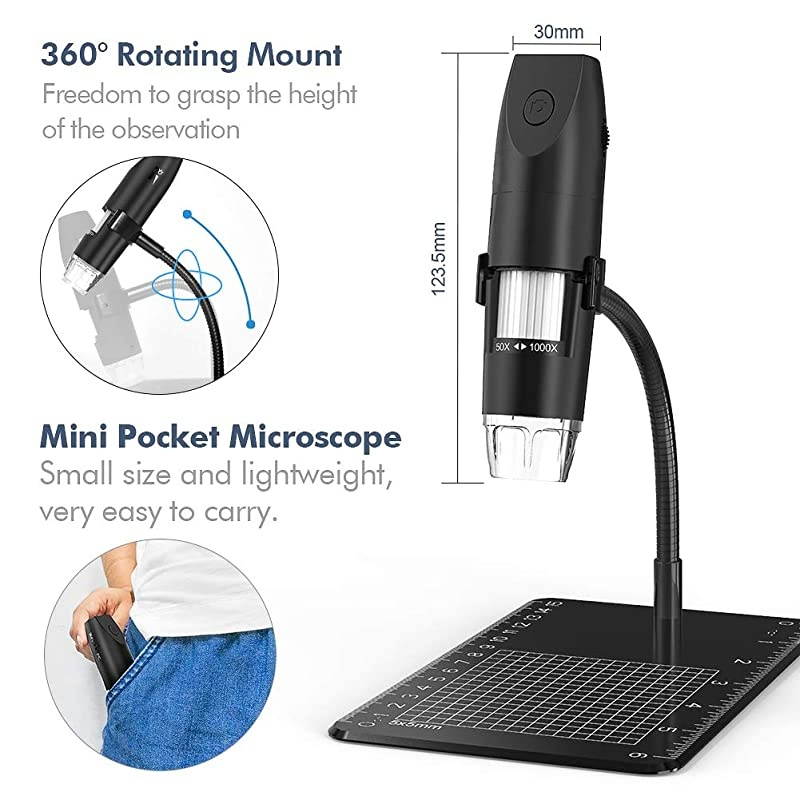Wireless Digital Microscope  Mini Pocket Handheld WiFi USB 50x to 1000x Magnification Microscope Camera 8 LED HD 1080P Compatible with Android Smartphone iPhone Tablet Windows MacBlack