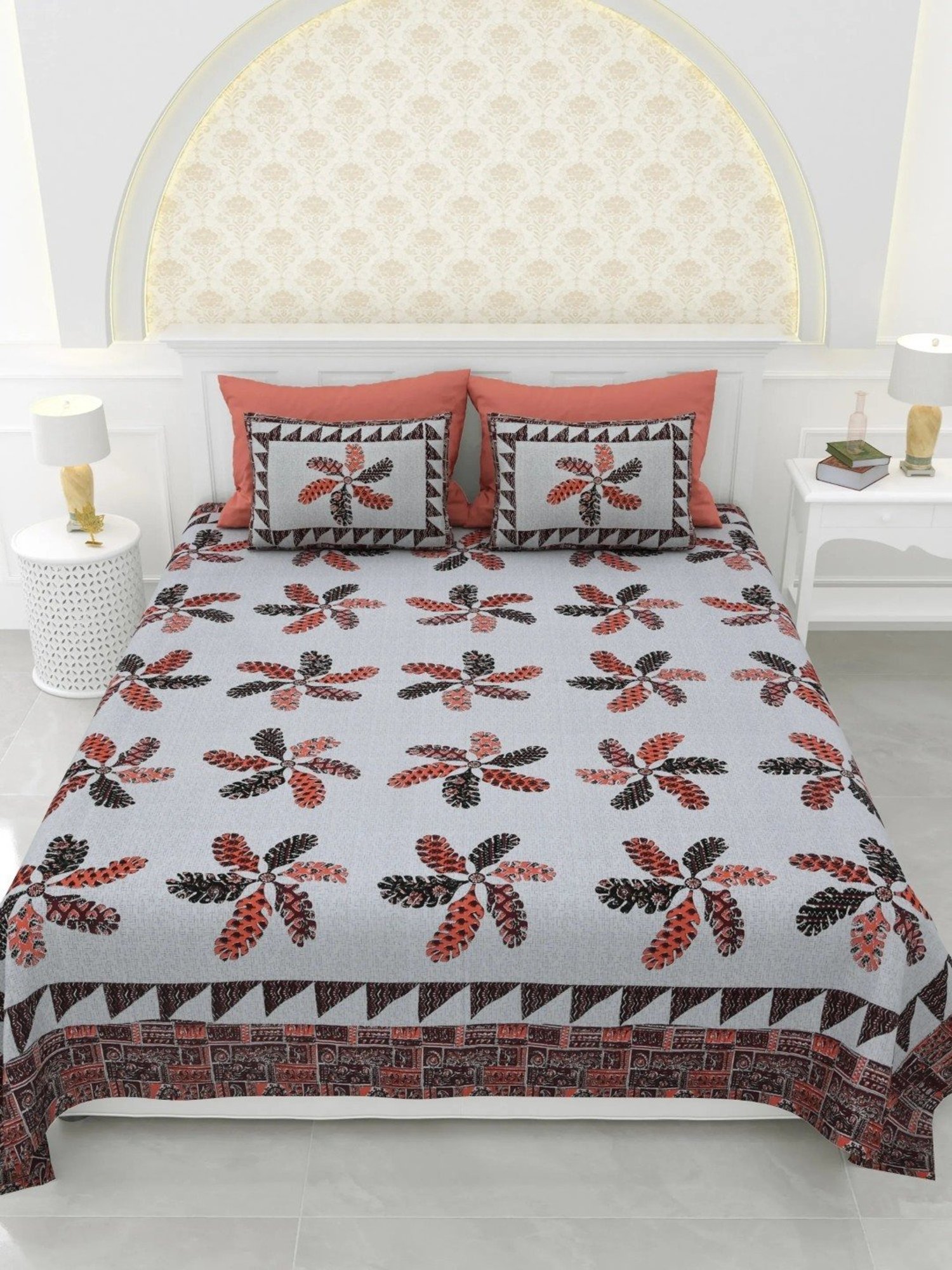 Living Roots Floral Gray 150 TC Cotton Bedsheet with 2 Pillow Covers