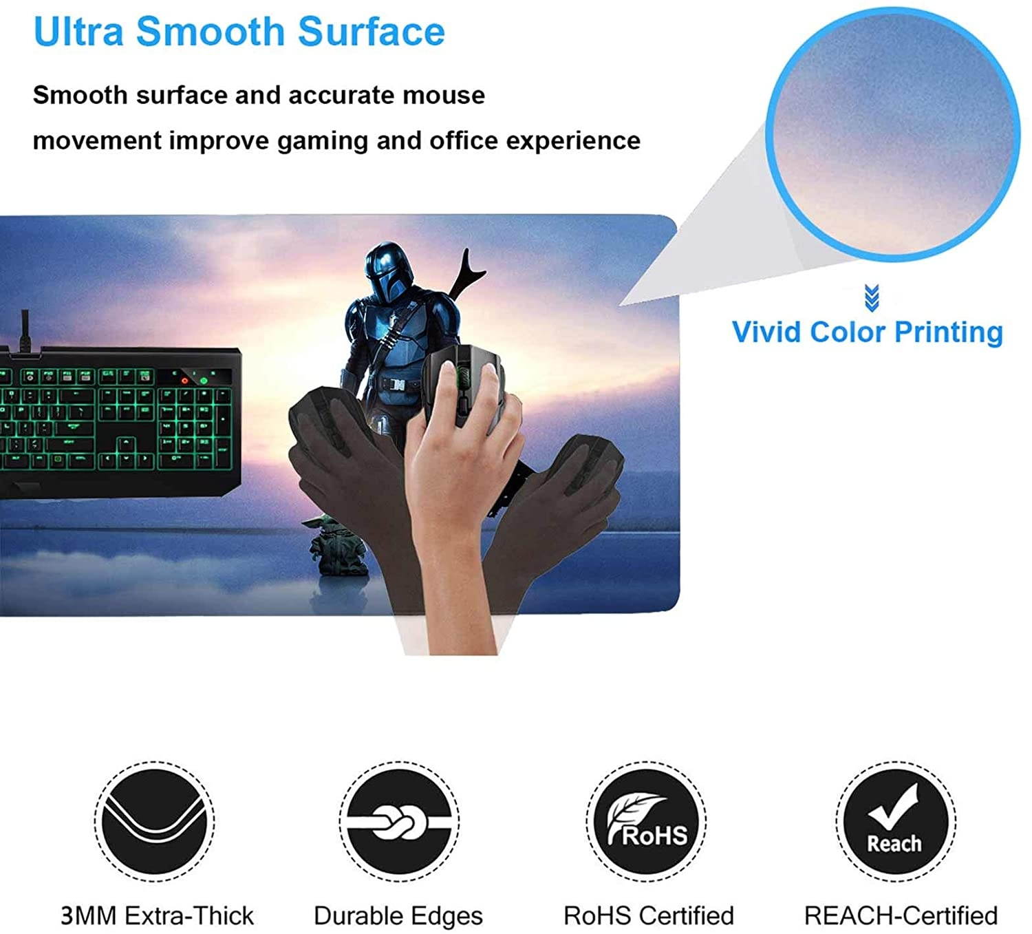 Mouse Pad XXL Star Wars The Mandalorian,Mousepad with Stitched Edges & Non-Slip Rubber Base-High Speed Surface-Laptop Desk Pads-Computer Keyboard and Mice Combo Pad Mat 15.7X35.4