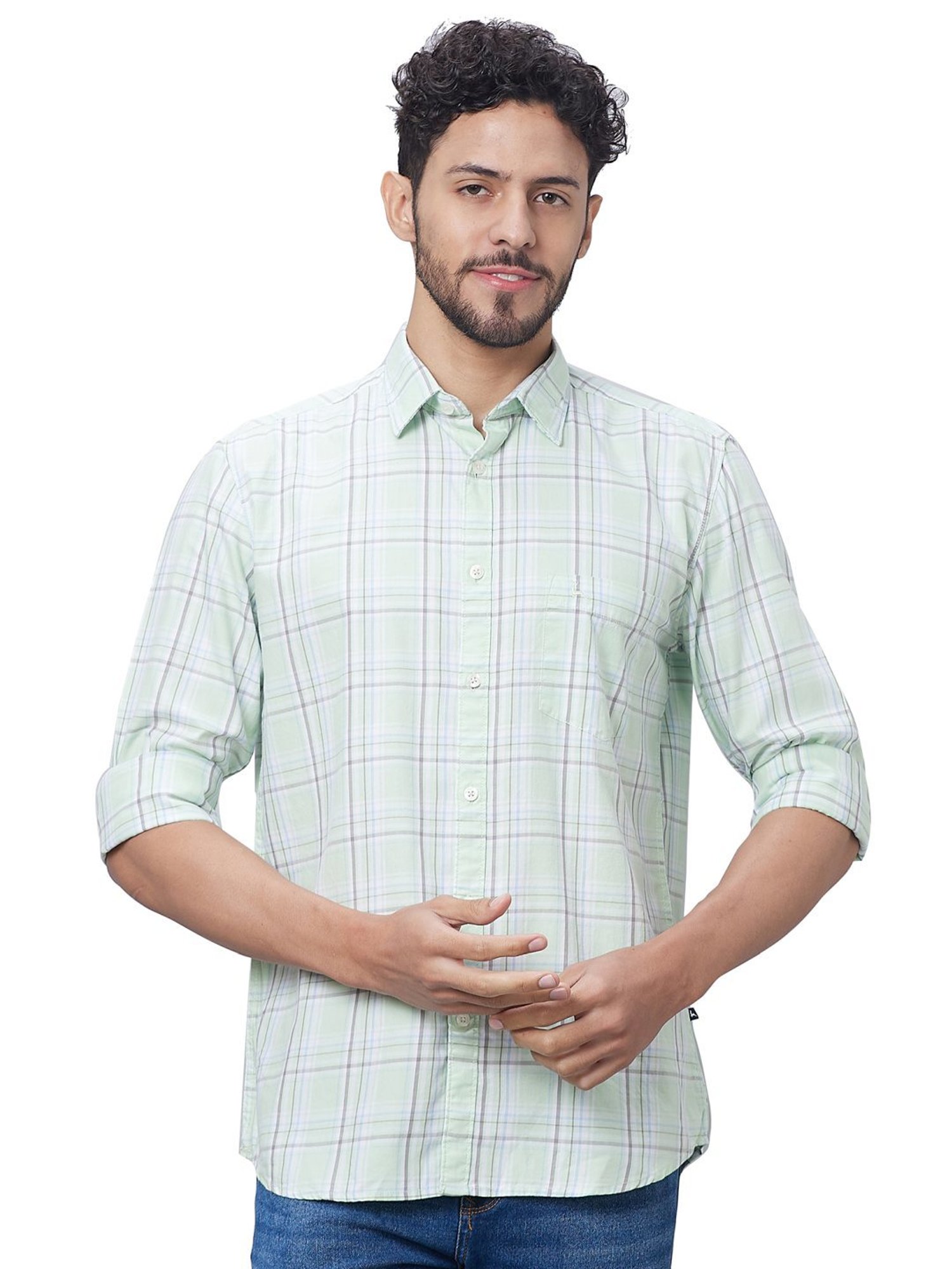 Parx Light Green Cotton Slim Fit Checks Shirt