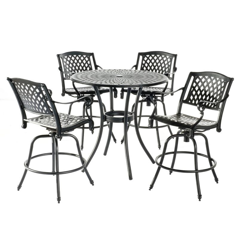 Westbury 5pc Cast Aluminum Dining Set with Umbrella Hole Round Bar Table & 4 Bar Swivel Arm Chairs - Alfresco Home