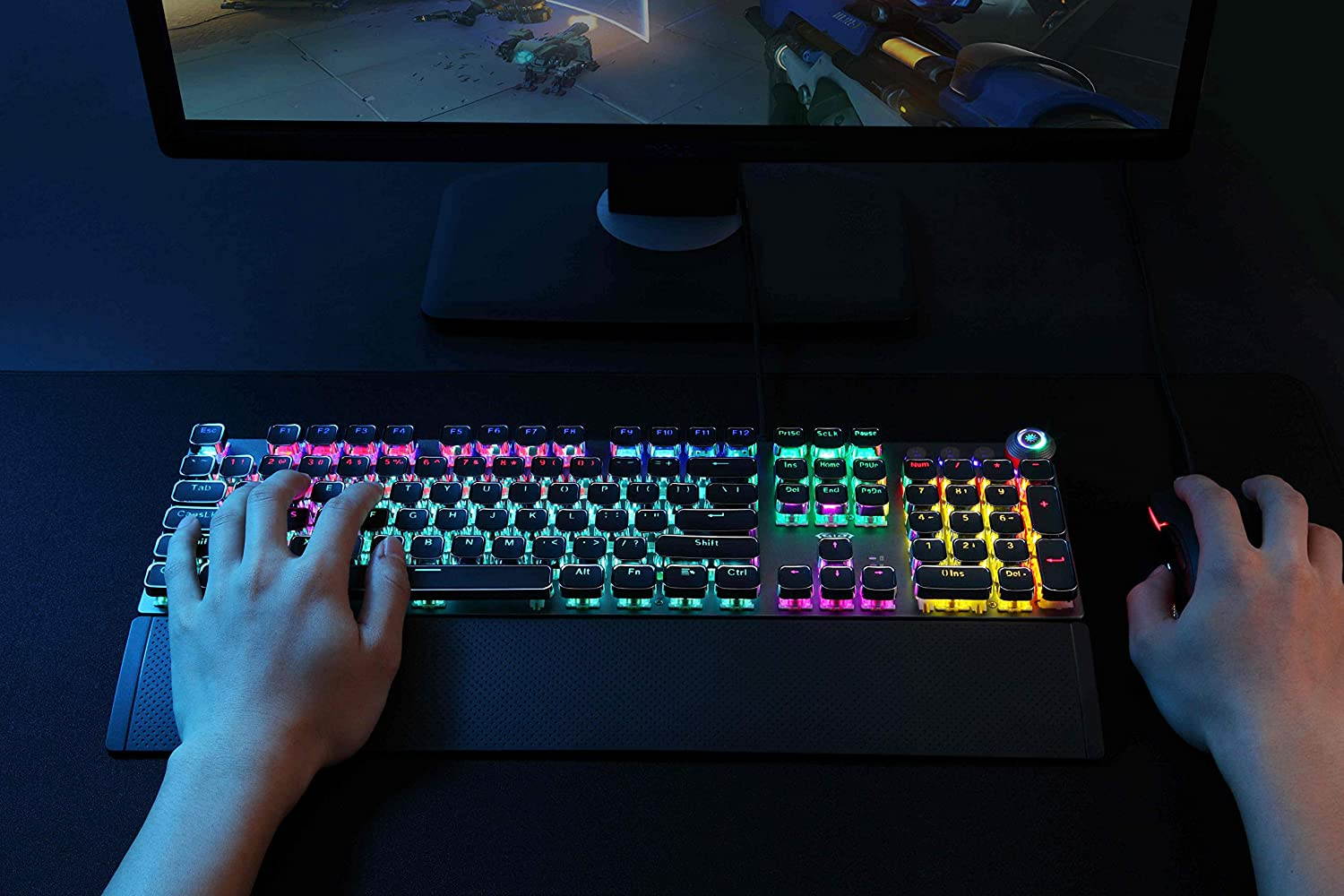 AULA F2088 Mechanical Gaming Keyboard Detachable Wrist Rest Multimedia Knob, 104 Keys Anti-ghosting Marco Programming Metal Panel Wired LED Backlit Keyboard for PC Gamer (MixedLight,BlueSwitch)