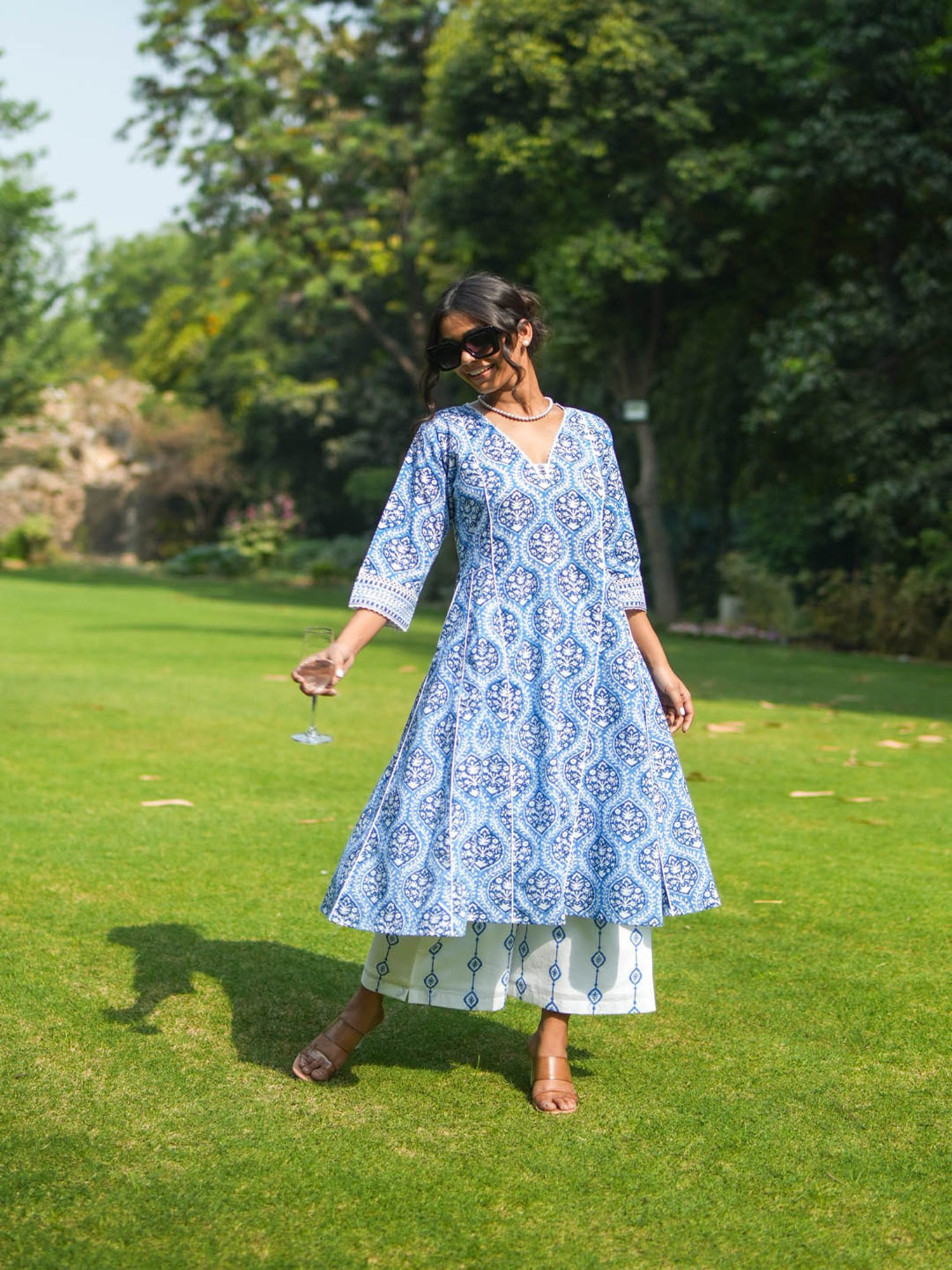 Akiso Blue Hand Block Printed Flared Kurta Set With Hand Embroidery Detail ( Set Of 2 )