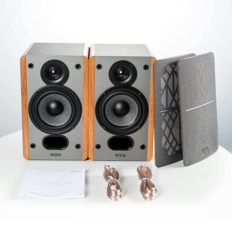 P12 Passive Bookshelf Speakers - 2-Way Speakers with Built-in Wall-Mount Bracket - Wood Color, Pair - Needs Amplifier or Receiver to Operate