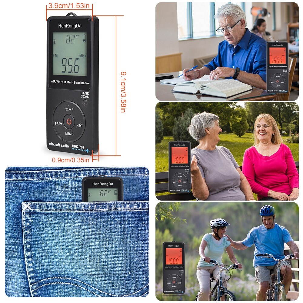 Multi Band Radio Aircraft Band Radio Receiver Blacklit LCD Display Lock Button with Headphones Lanyard Storage Bag