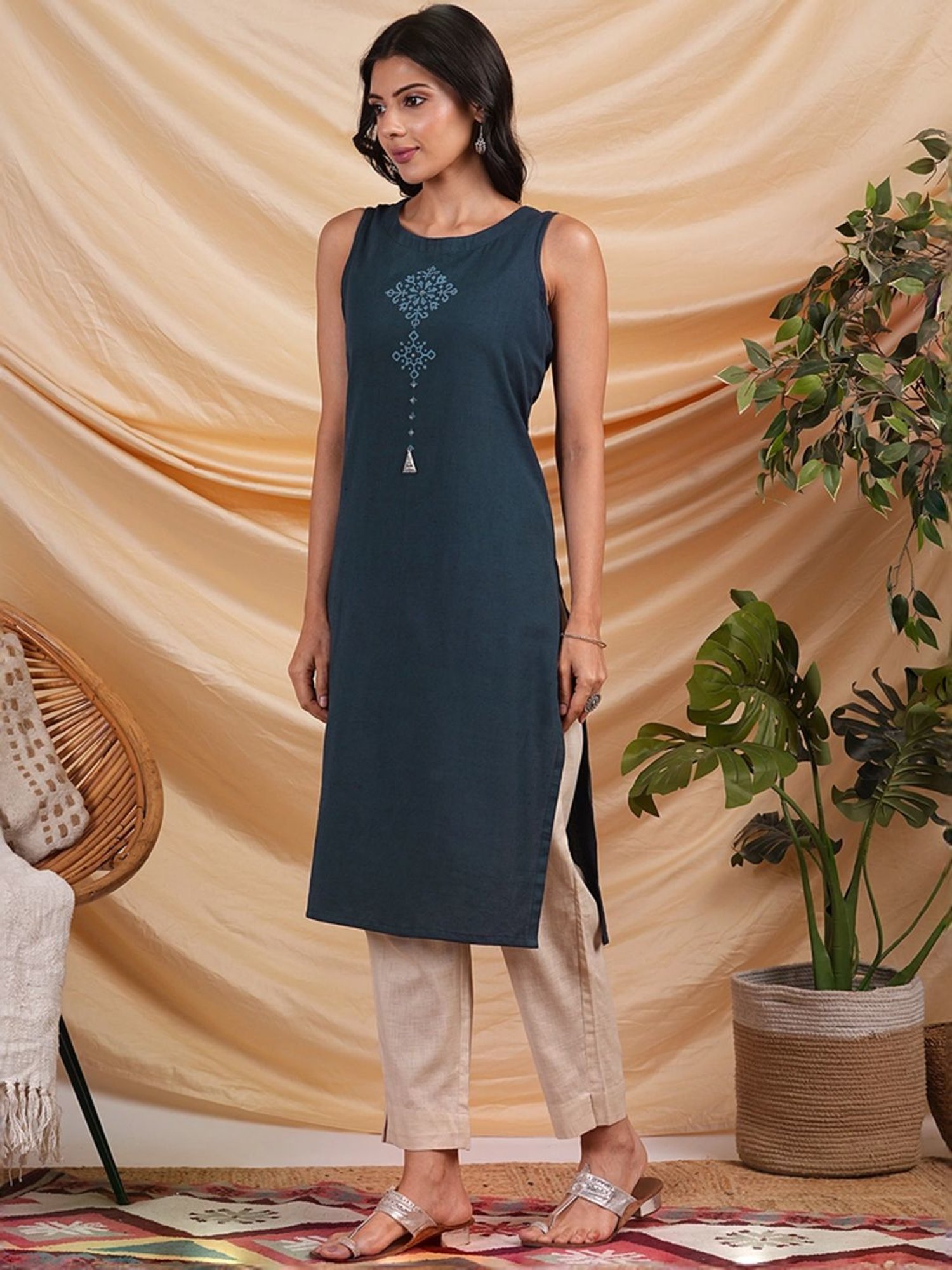 Kami Kubi Blue Cotton Printed Straight Kurta