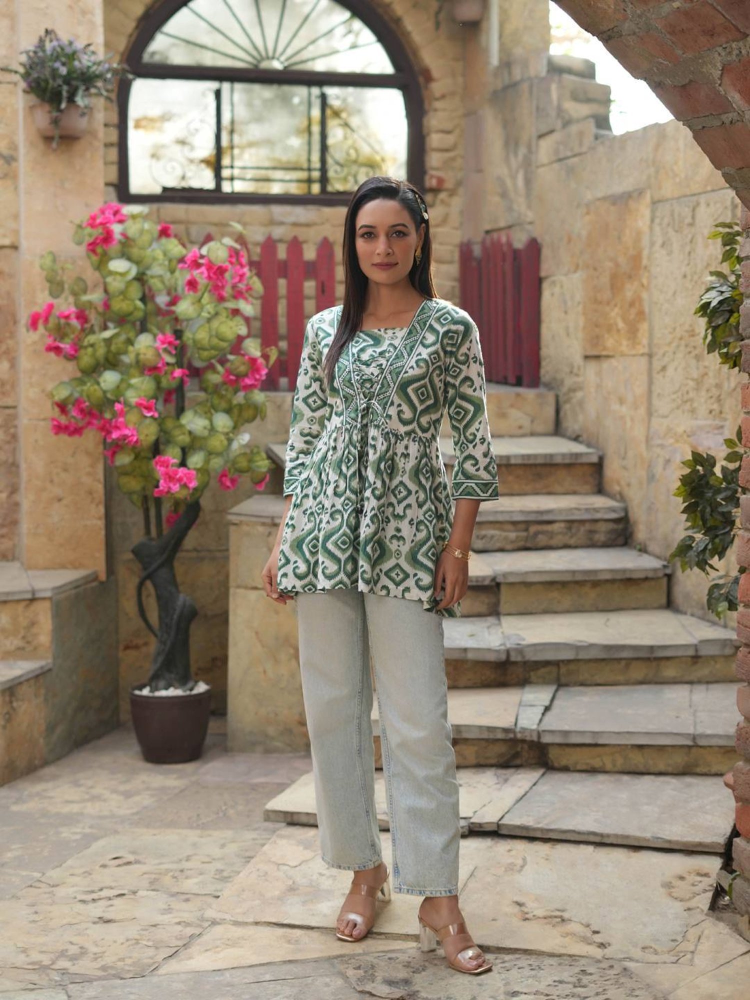 Rain and Rainbow Green Cotton Floral Print Top
