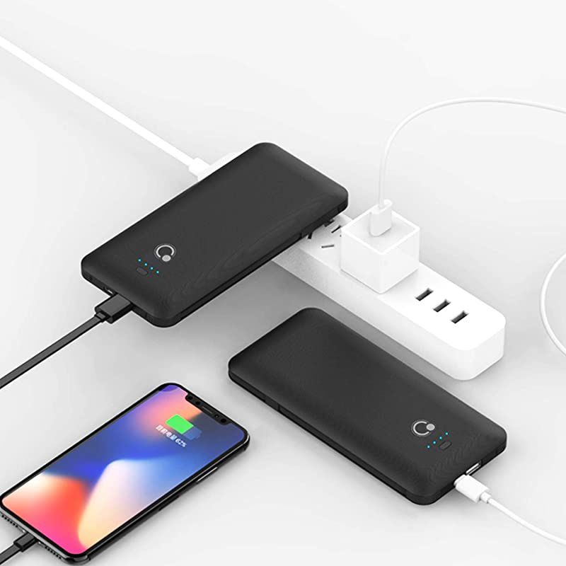 Portable Charger Ultra Slim Power Bank4 Output and Dual Input External Battery Pack with Builtin AC Wall Plug Micro USB Type C Three Cables with USB Output Compatible with All mobilephone