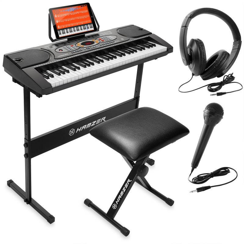 Hamzer 61-Key Electronic Keyboard Portable Digital Music Piano with H Stand, Stool, Headphones Microphone, & Sticker Set