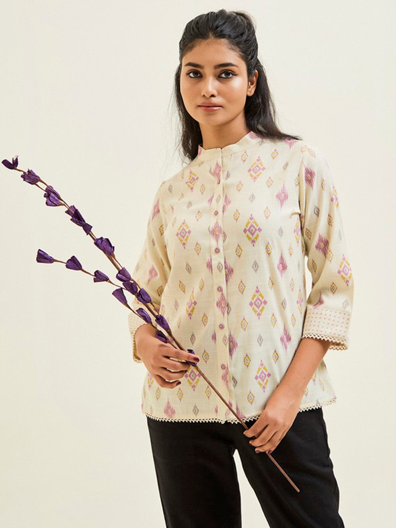 Jaipur Kurti Lavender & Off White Printed Top