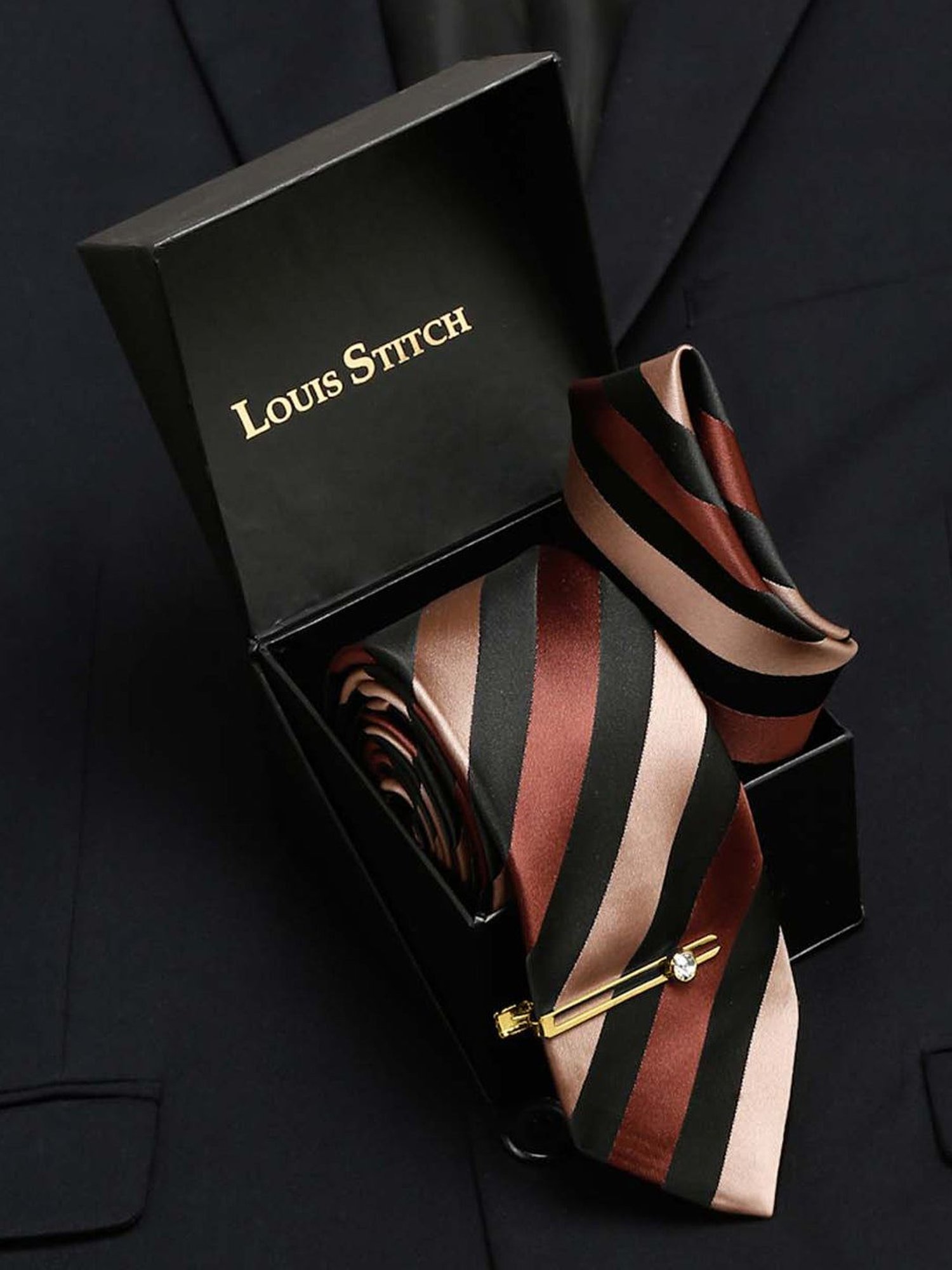 Louis Stitch Brown Striped Necktie Gift Set - Set of 3