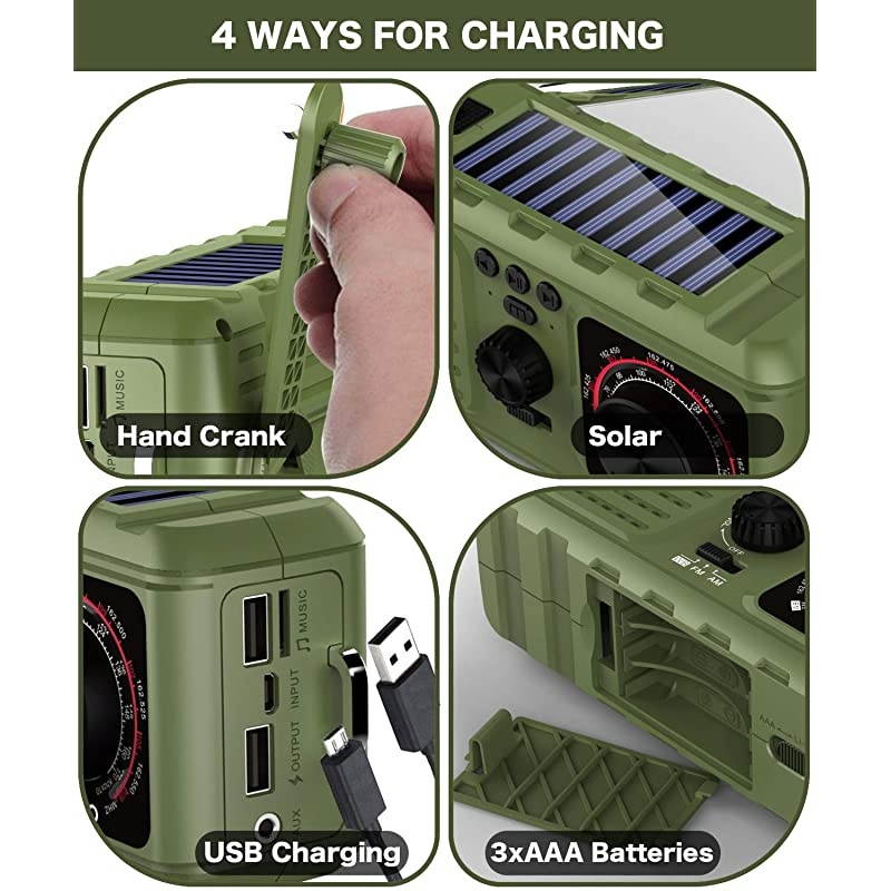 Solar Crank Emergency Radio  NOAAAMFM Portable Weather Radios with Flashlight SOS Alarm USB Phone Charger MP3 Player 2200mHA Power Bank for Home Outdoor Green