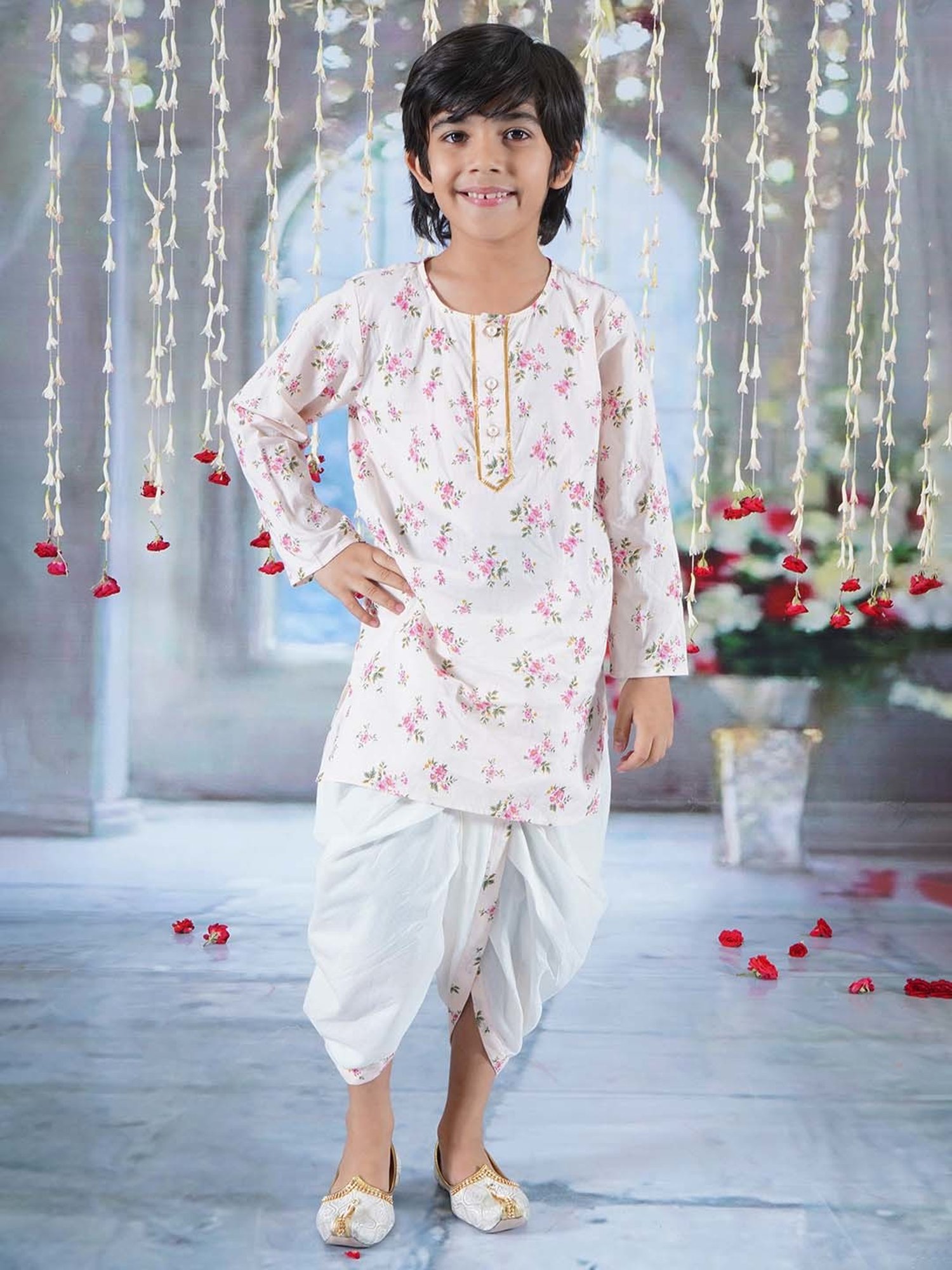 Little Bansi Pink & White Cotton Floral Print Full Sleeves Kurta Set