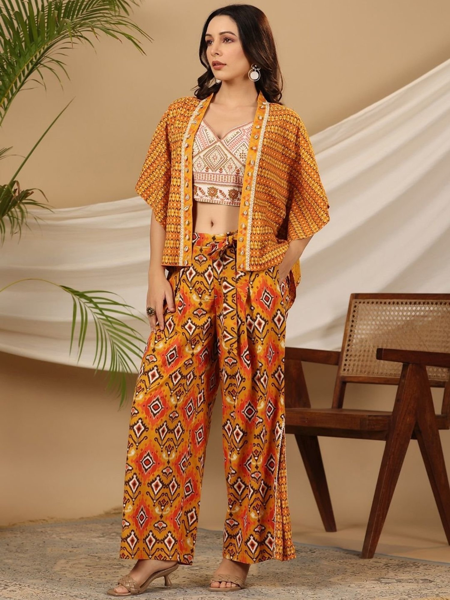 Juniper Mustard Ikat Printed & Tribal Embroidered Rayon Co-Ord Set With Jacket & Kaudis