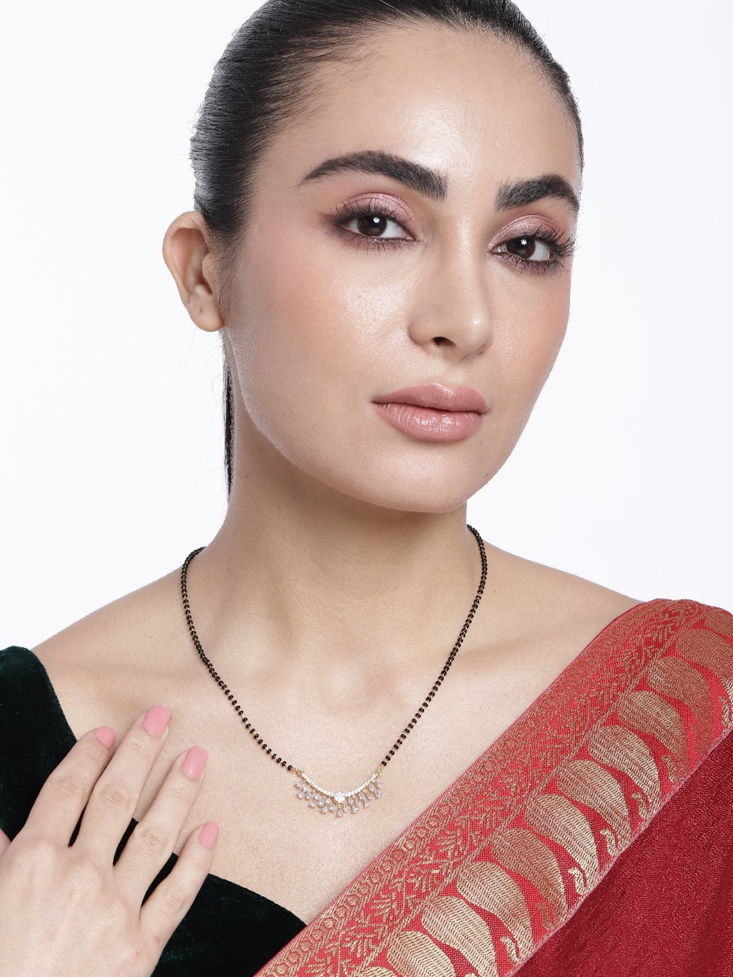 Abdesigns Gold-Plated American Diamond & Black Beaded Mangalsutra