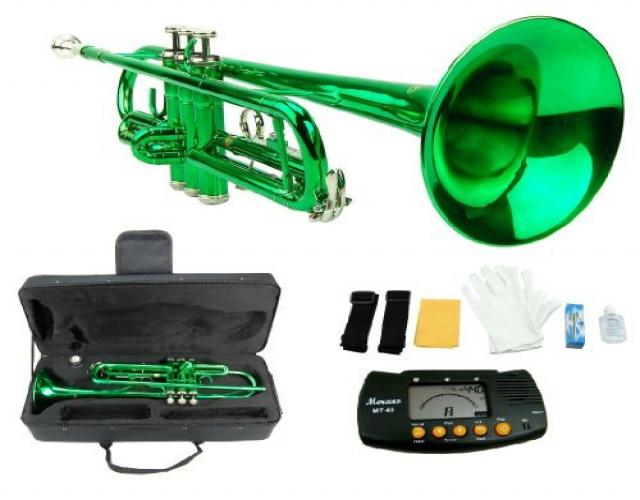 merano b flat green/silver trumpet with case+mouth piece+valve oil+metro tuner