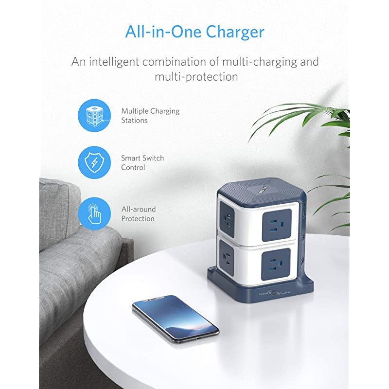 Power Strip Tower 8-Outlet and 6 Smart USB Charging Ports 1500 Joules Surge Protector with 6 Feet Extension Cord ETL Listed