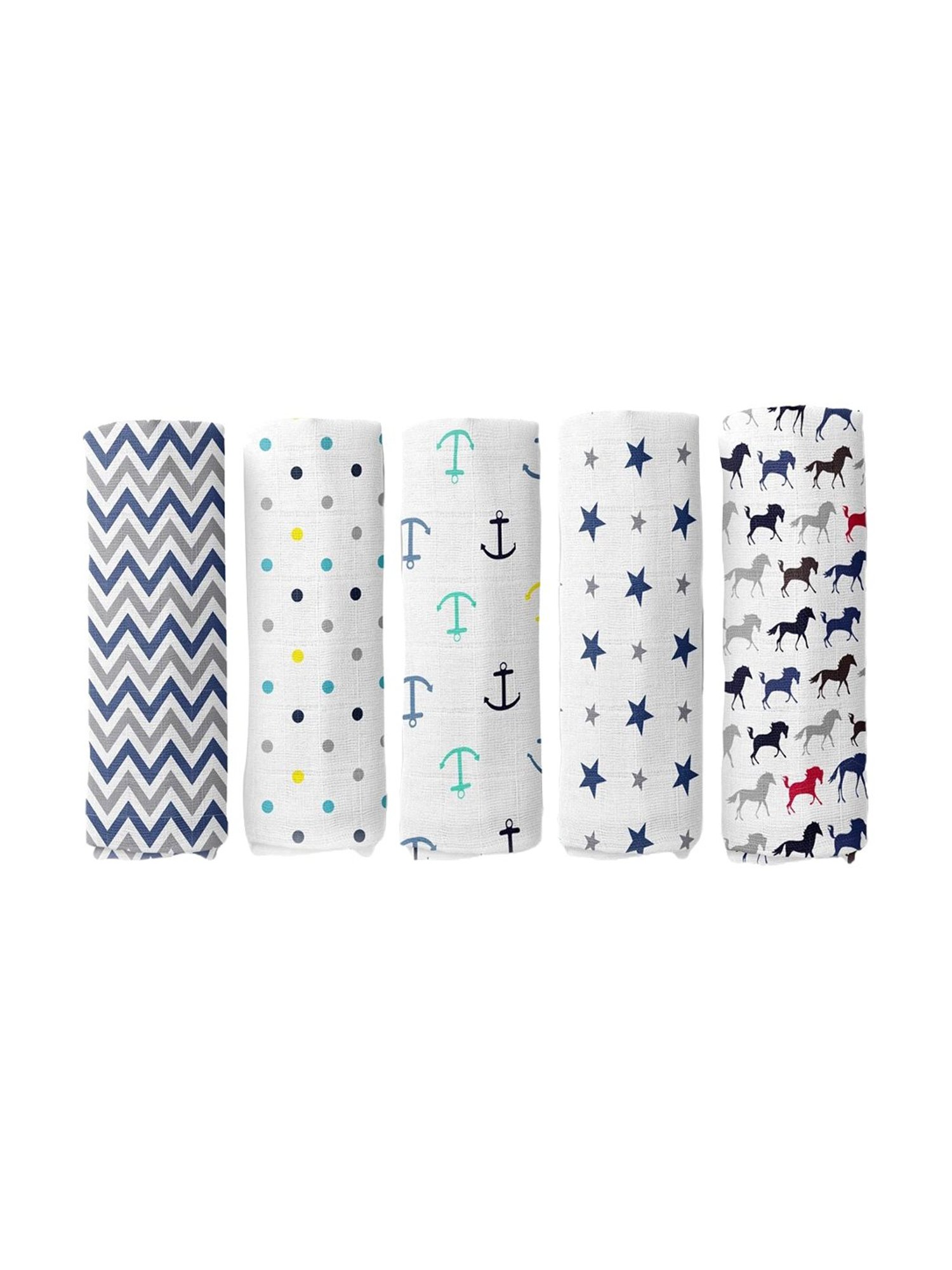Haus & Kinder Printed Blue 40 TC Cotton New Born Swaddle Wrap - Set of 5