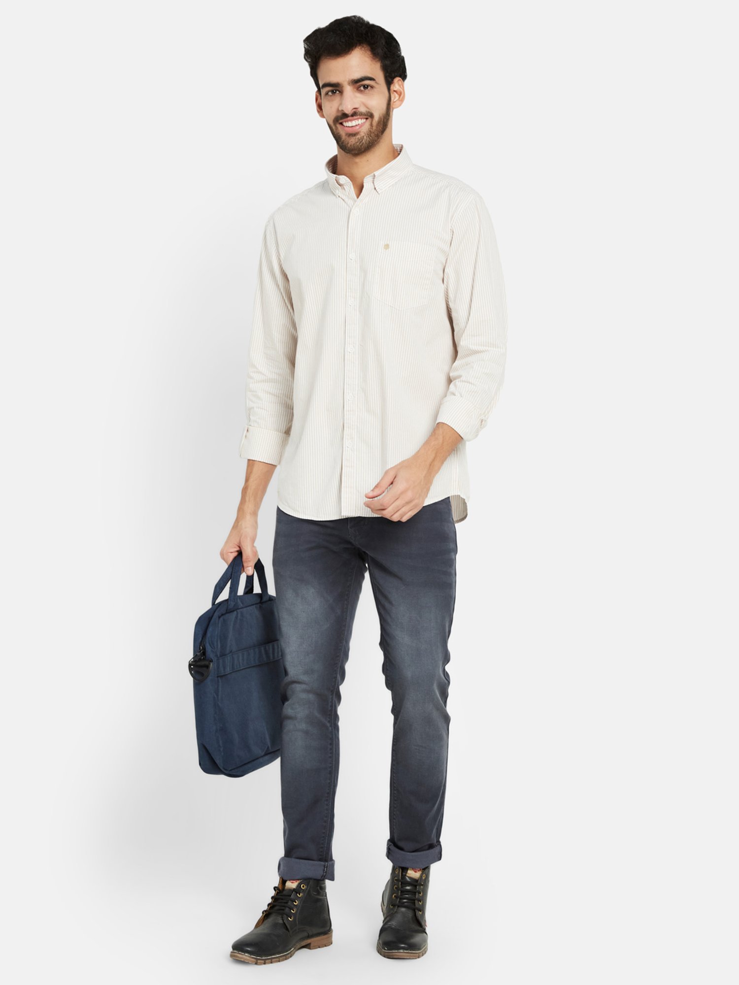 METTLE Cream Regular Fit Striped Shirt