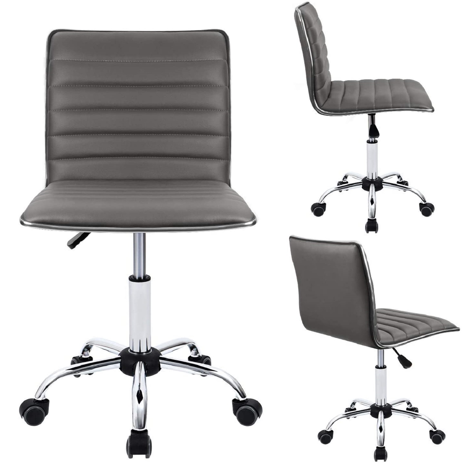 Furmax Mid Back Task Chair, Low Back PU Leather Swivel Office Desk Chair, Computer Chair with Armless Ribbed Soft Upholstery (Grey)