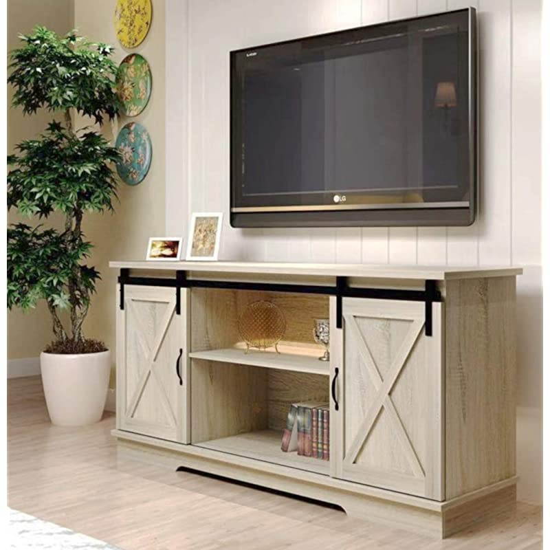 Sliding Barn Door TV Stand for TVs up to 65", Home Living Room Entertainment Center, Wood Storage Cabinet with Doors and Shelve, White Oak
