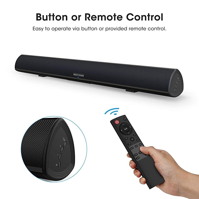 Bestisan Sound bar with Strong Bass Wireless Bluetooth 50 Audio Speakers for TV 3D Stereo Surround 28 Inch 60W DSP Bass AdjustableOpticalAUXRCA Wall Mountable