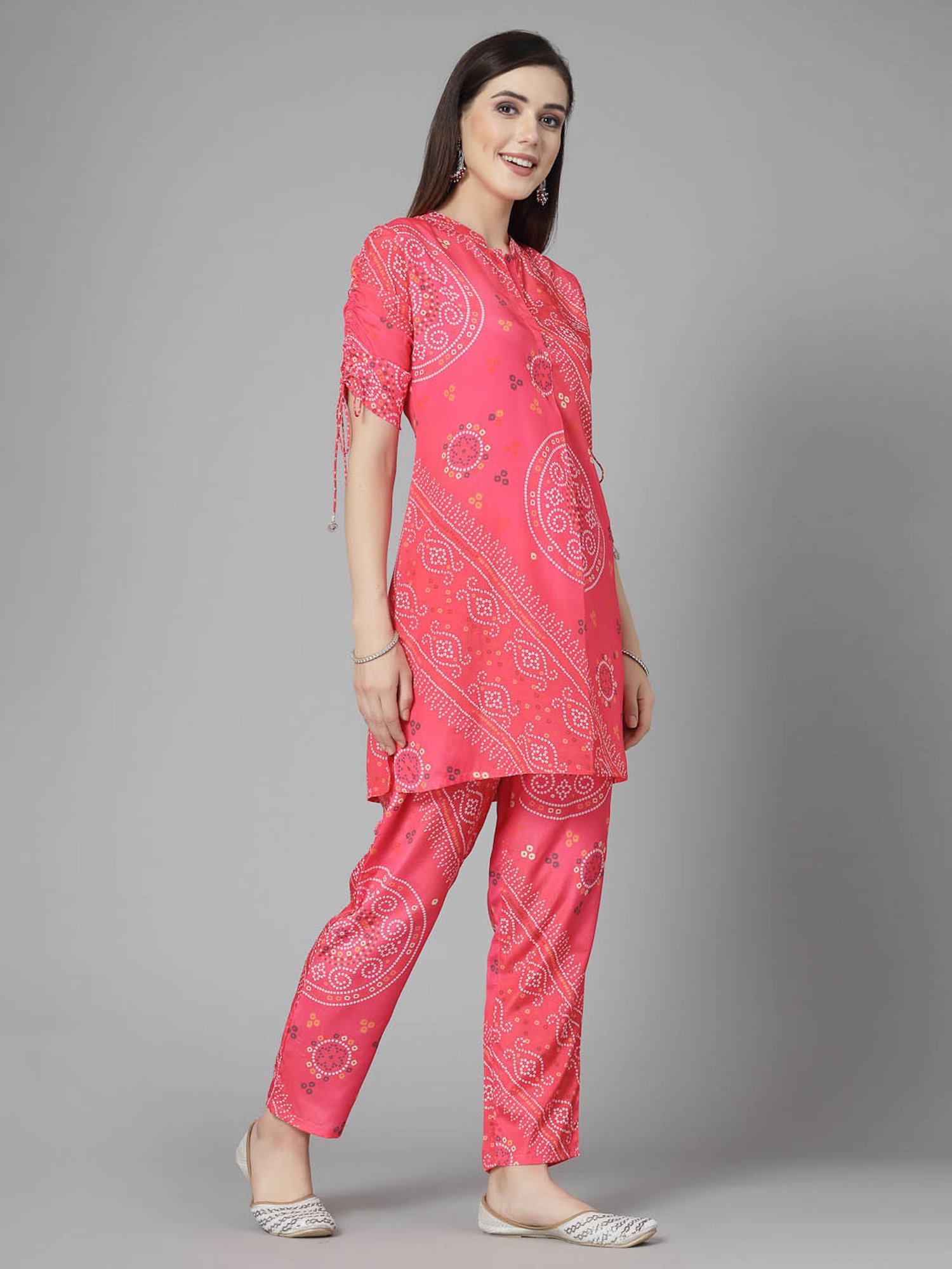 Stylum Pink Satin Bandhani Print Kurti Pant Set