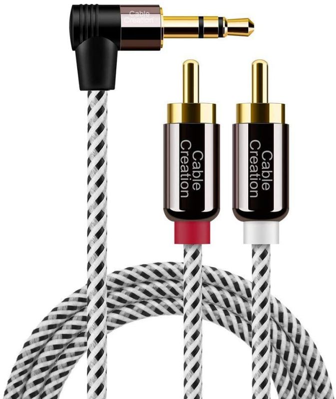 3.5mm to RCA Cable 10FT, CableCreation Angle 3.5mm Male to 2RCA Male Auxiliary Stereo Audio Y Splitter Gold-Plated for Smartphones, MP3, Tablets, Speakers, Home Theater, HDTV, 3M