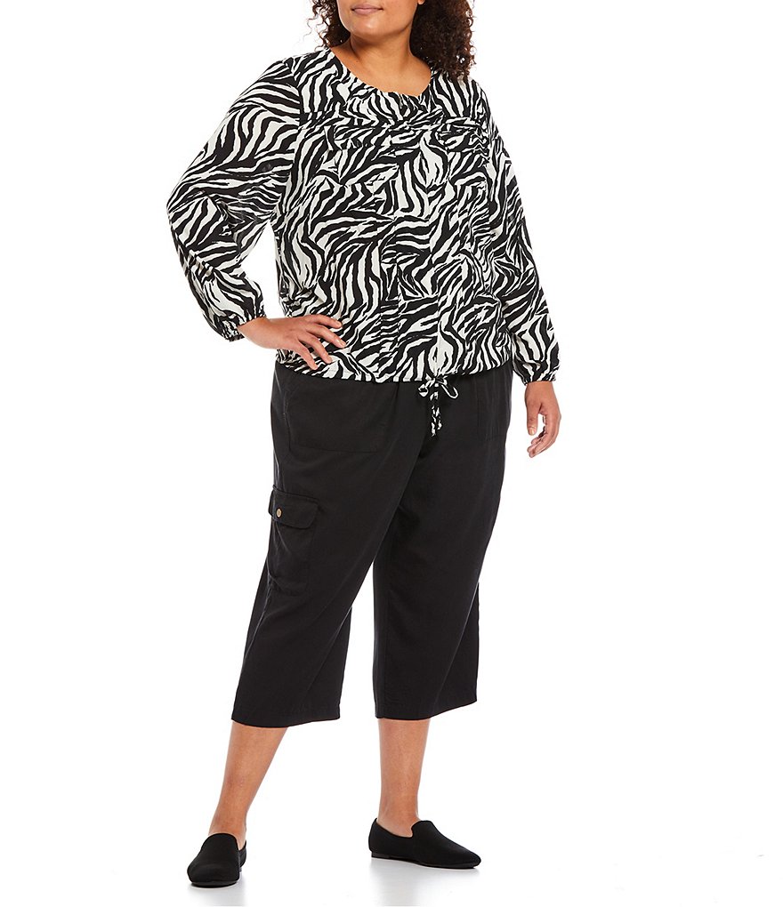 Ruby Rd. Plus Size Zebra Print Jewel Neck Long Sleeve Zip-Front Drawstring Hem Jacket