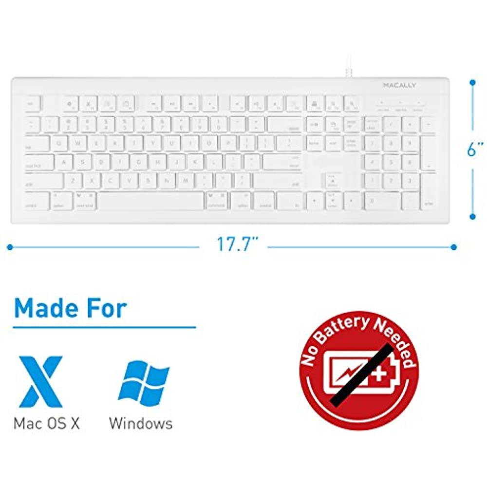 Macally Full Size  (MKEYE) for Mac and PC (White) w/Shortcu... USB Wired Keyboard