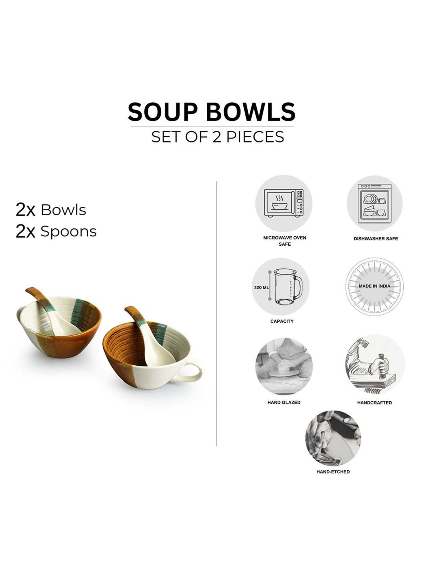 ExclusiveLane Zen Garden Brown & Green Ceramic Hand Glazed Soup Bowl With Spoon (0.22 L) - Set of 2