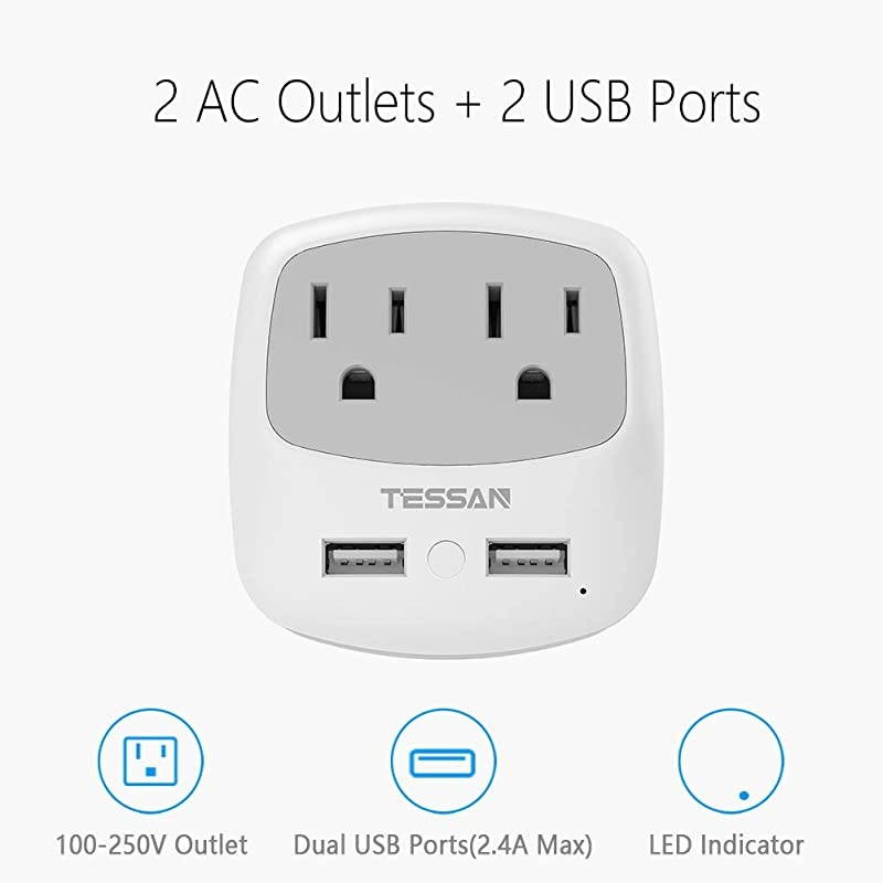 Germany France Travel Power Adapter Schuko Plug with 2 USB Ports 2 American Outlets Outlet Adaptor for USA to Europe EU Spain Iceland RussiaType EF