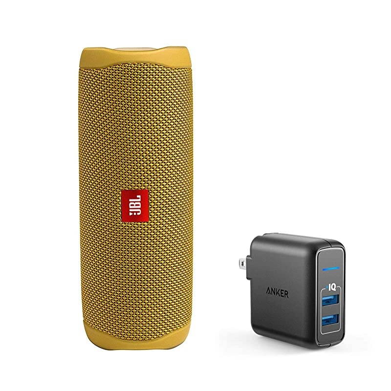 Flip 5 Waterproof Portable Wireless Bluetooth Speaker Bundle with 2Port USB Wall Charger Yellow
