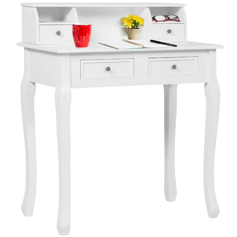 Best Choice Products 32in Colonial Writing Desk for Home Office Study w/ 4 Drawers, 2 Cubbies, Floating Hutch - White