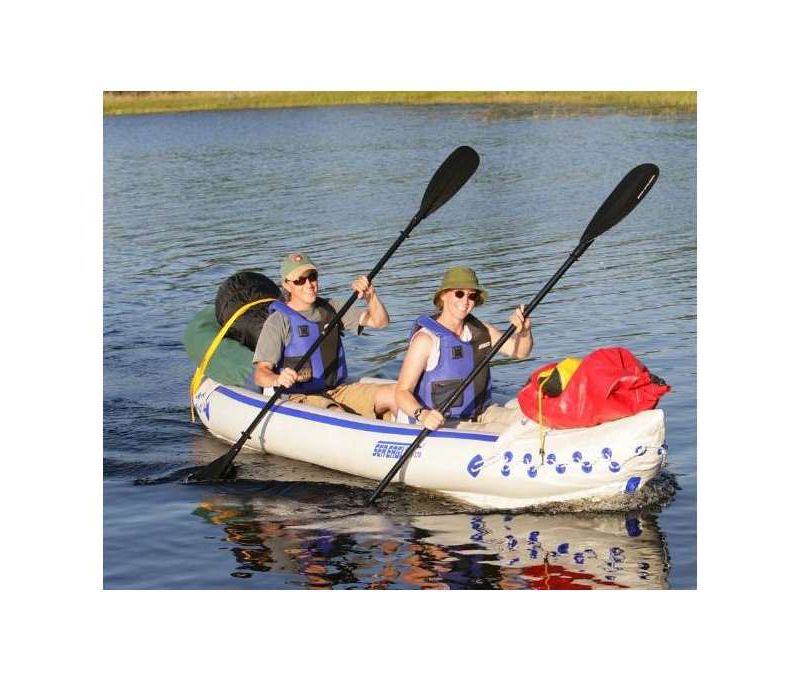 Sea Eagle 370 Deluxe 3 Person Inflatable Portable Sport Kayak Canoe with Paddles, 2 Moveable Seats, Foot Pump, and Carry Bag