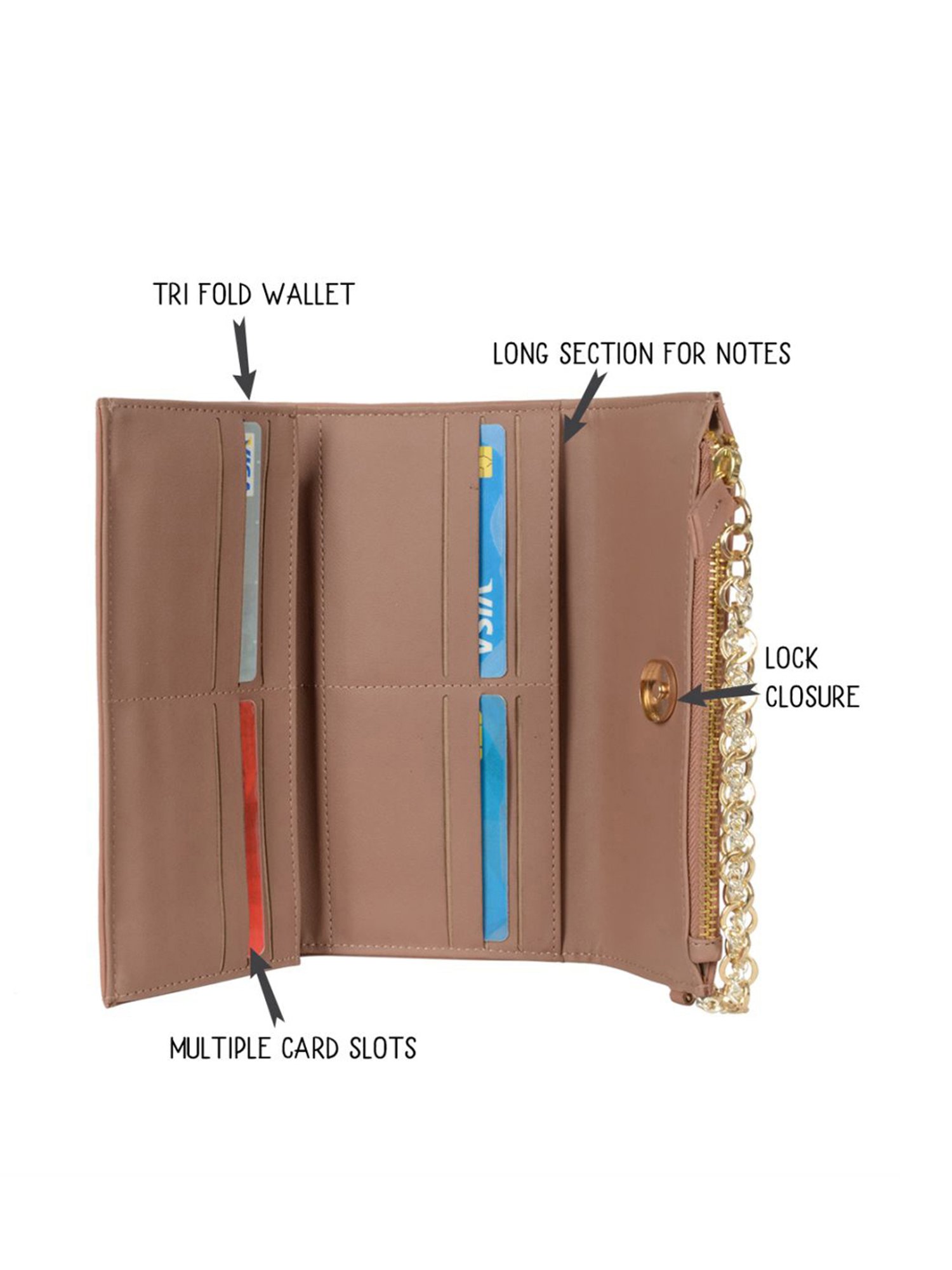 Baggit Pink Solid Tri-Fold Wallet for Women