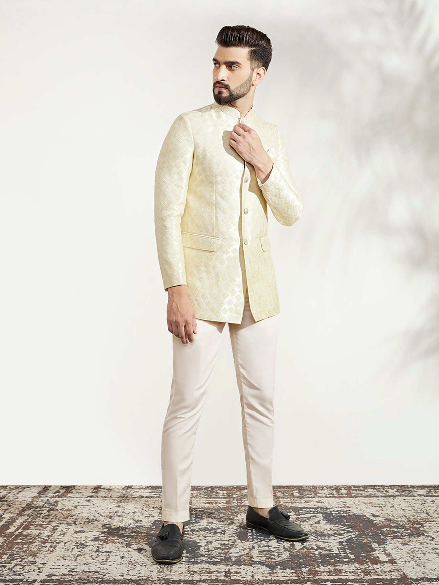 KISAH Off White Regular Fit Self Design Ethnic Blazer