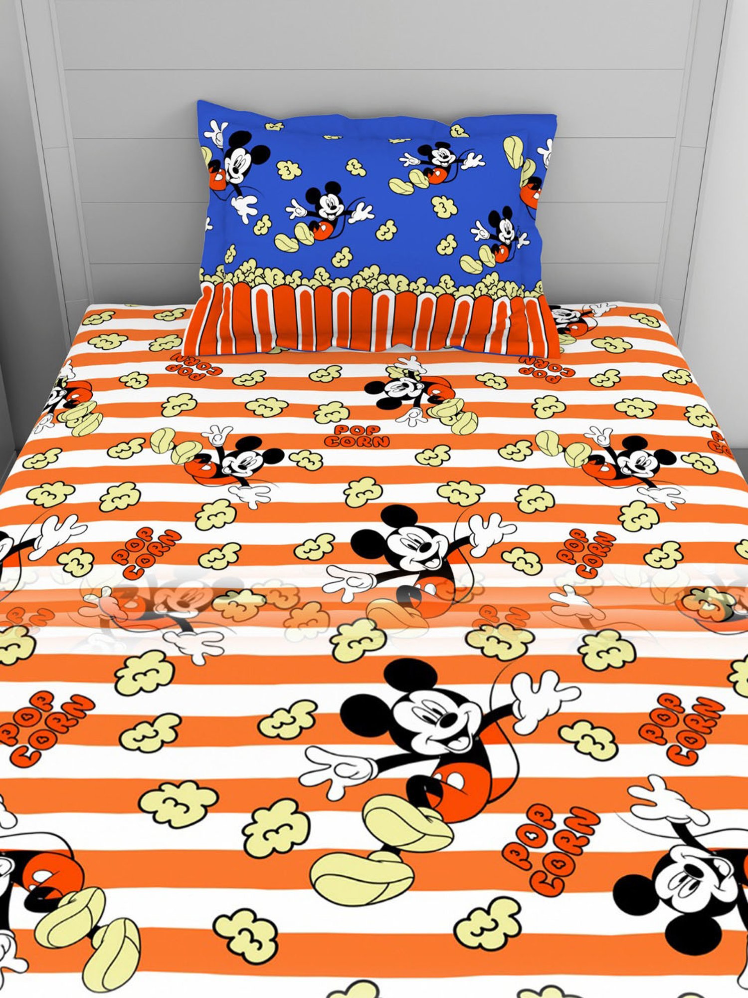 Welspun Disney Mickey Printed Orange 144 TC Cotton Single Bedsheet With 1 Pillow Covers