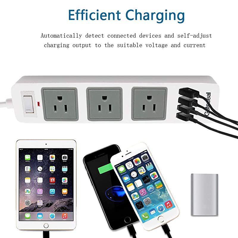 Strip White USB Strip with 2 Prong 66ft Extension Cord 3 AC Outlet Flat Plug Surge Protector for Workbench Nightstand Home Office and Hotel