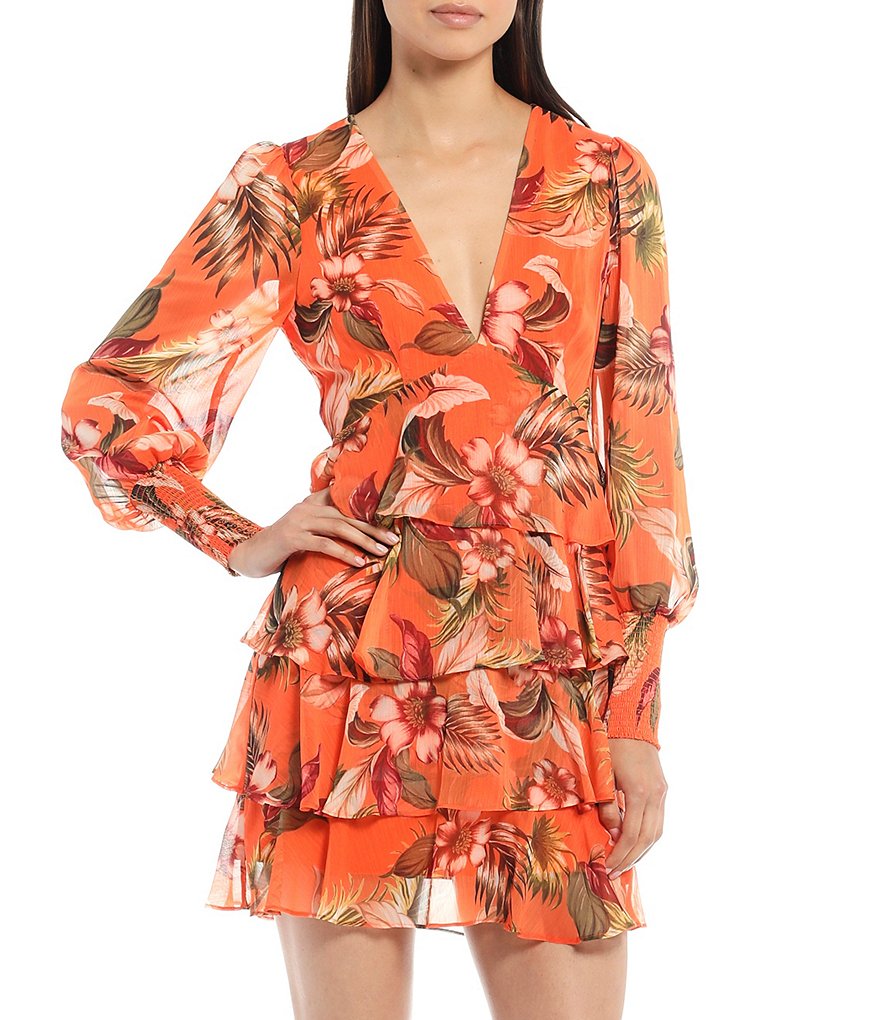 Gianni Bini Audrey Deep V-Neck Long Sleeve Ruffle Dress