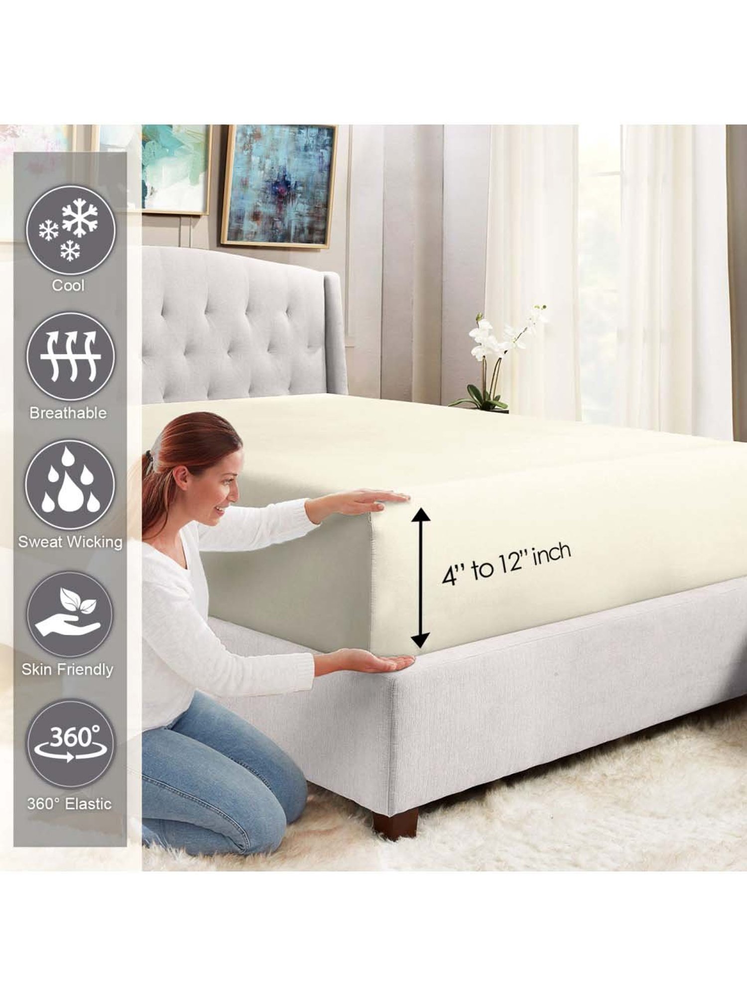 Pizuna 400TC 100% Cotton Ivory Fitted Bed Sheet King Size With 2 Pillow Cover