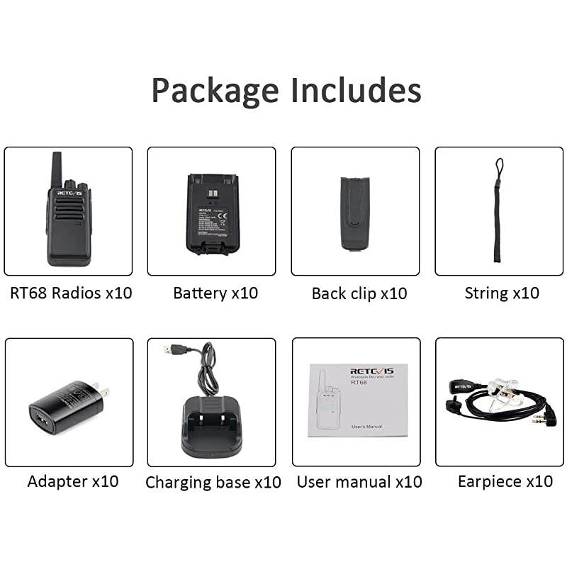 RT68 Two-Way Radios Long Range, Walkie Talkies for Adults, 2 Way Radio with Earpiece,Walkie Talkie Rechargeable with Charging Base,for Manufacturing Restaurant Healthcare Government(10 Pack)