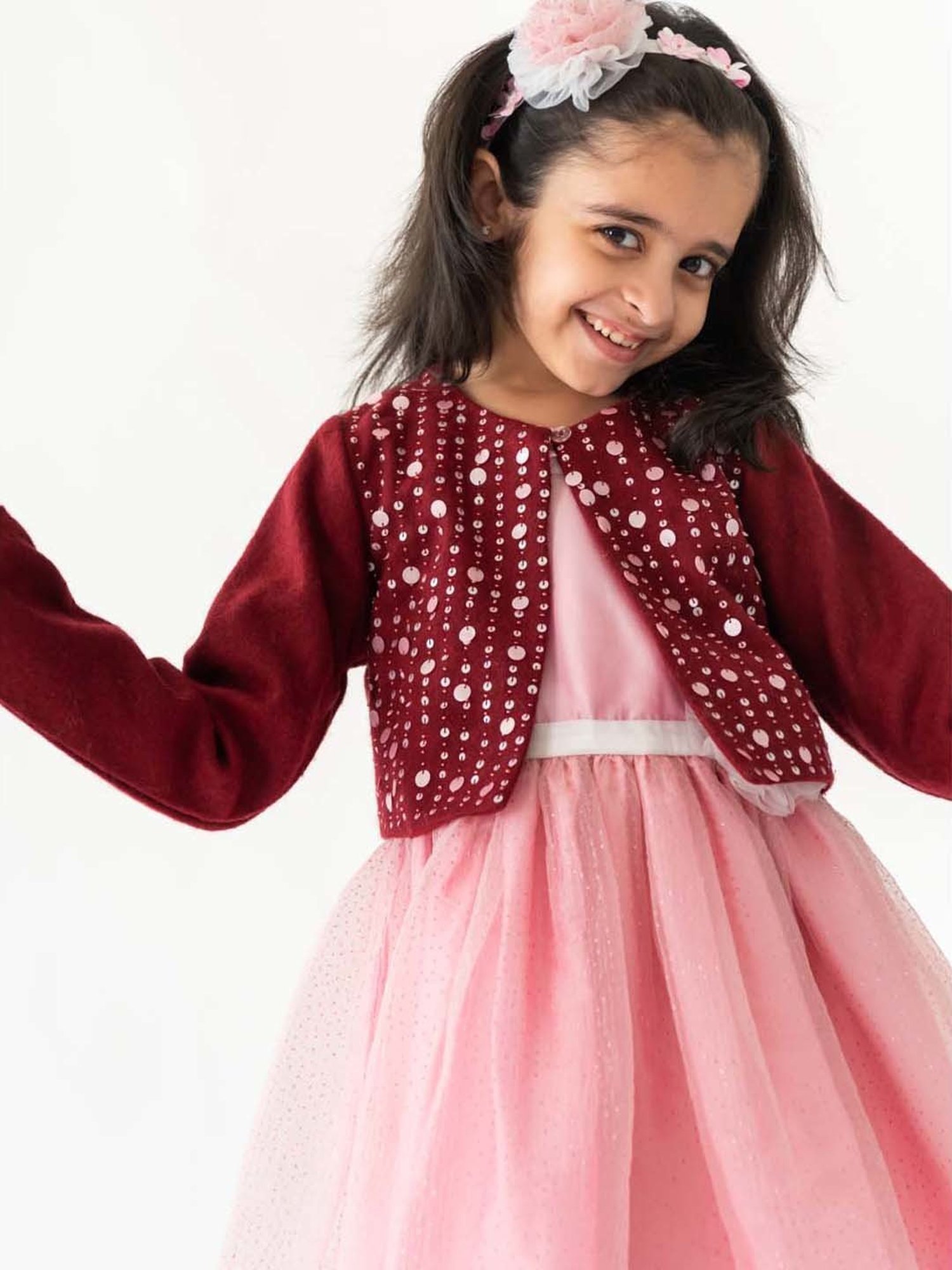 A Little Fable Maroon Embellished Full Sleeves Shrug