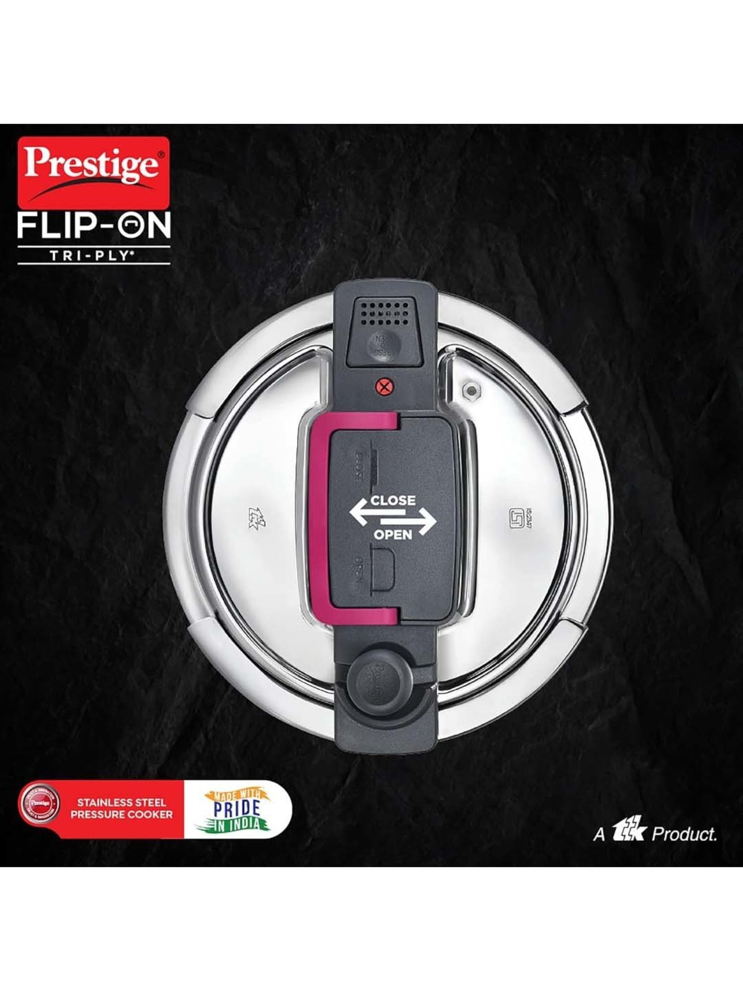 Prestige Silver And Black Stainless Steel 18 cm Flip-On Pressure Cooker With Glass Lid (3 L)