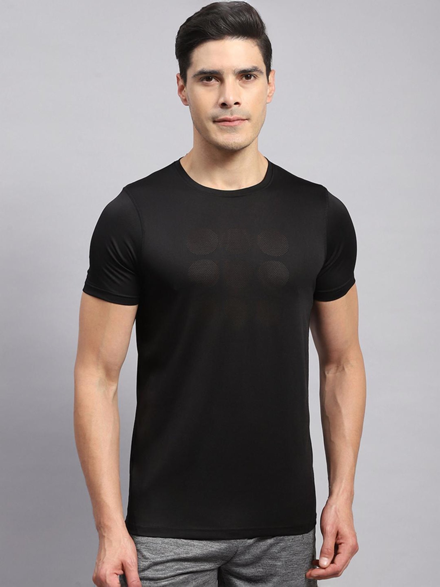 Rock.it Black Cotton Regular Fit Self Pattern T-Shirt