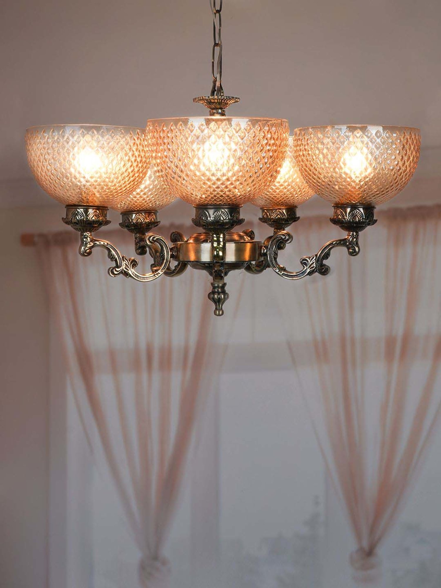 FOS LIGHTING Transparent & Silver Aluminium 5-In-1 Bowl Chandelier With Glass Shade