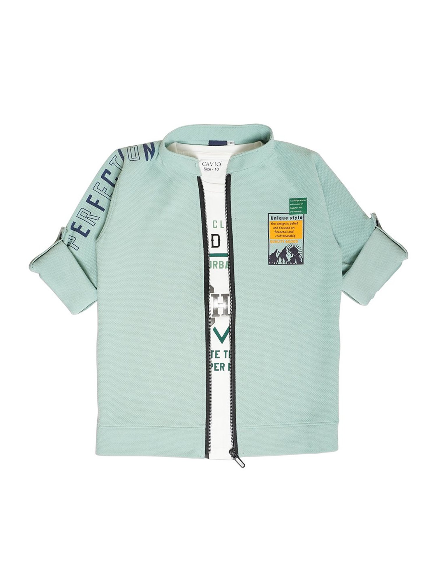 Cavio Kids Sea Green & White Printed Full Sleeves Jacket with T-Shirt