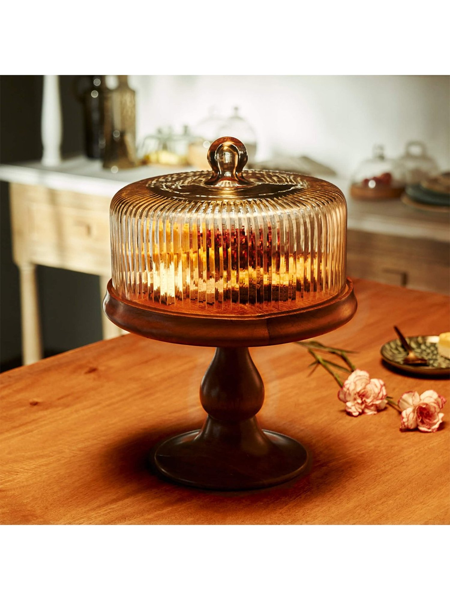 ellementry Fluted Transparent Glass Cloche with Stand - Set of 1